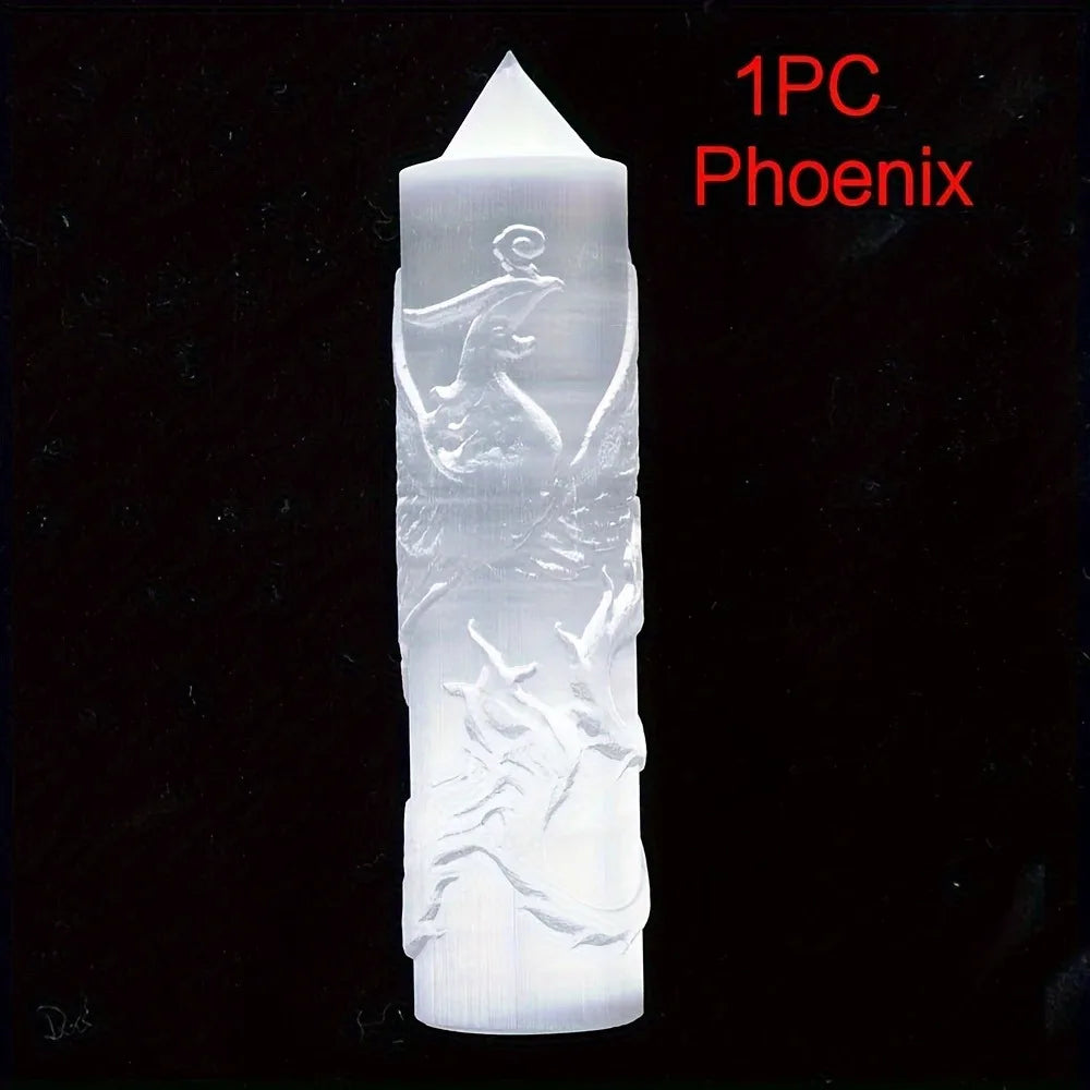 Columna de Selenita natural Fénix y Dragón