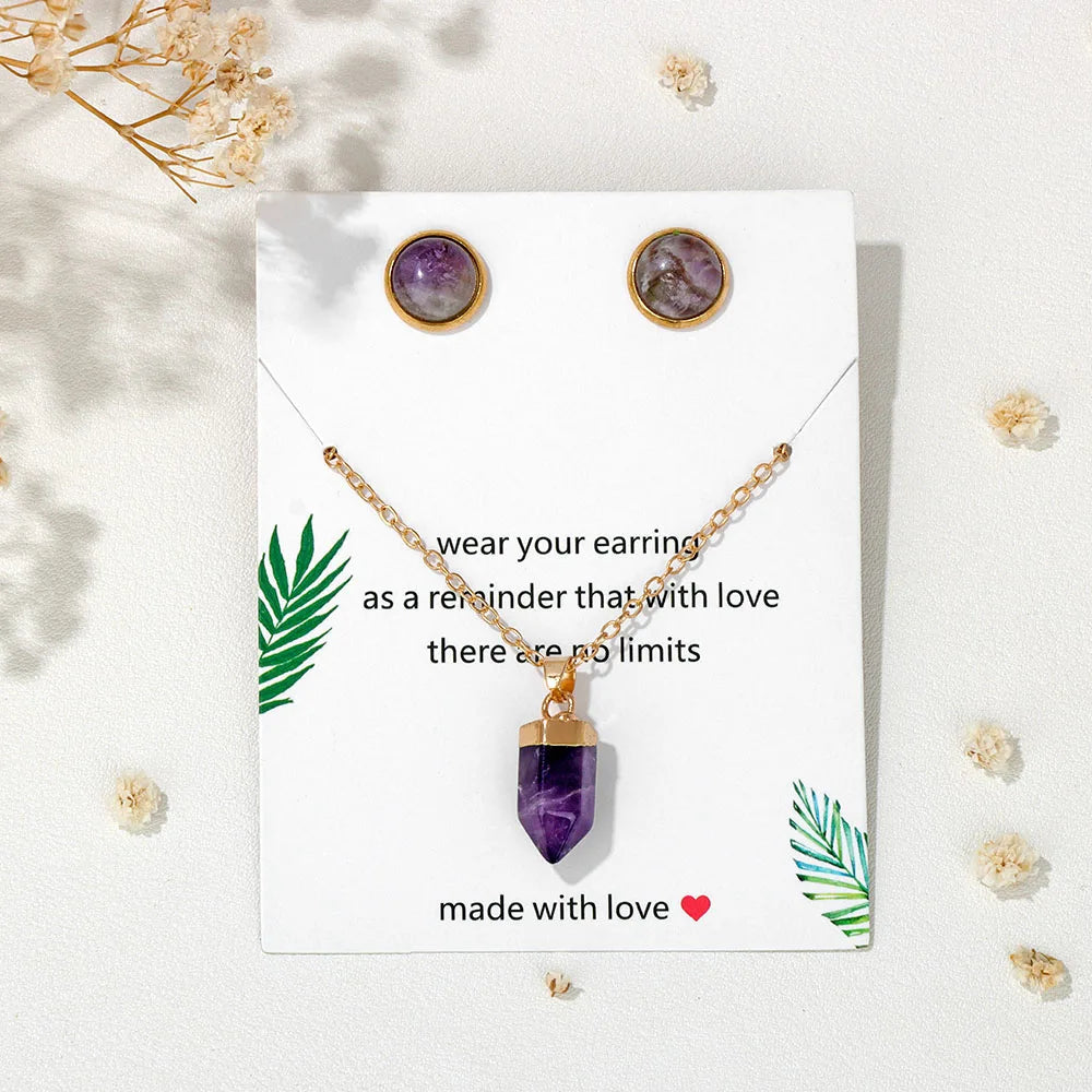 Conjunto pendientes y colgante hexagonal de piedra natural-Elegancia y Energía en un Solo Set