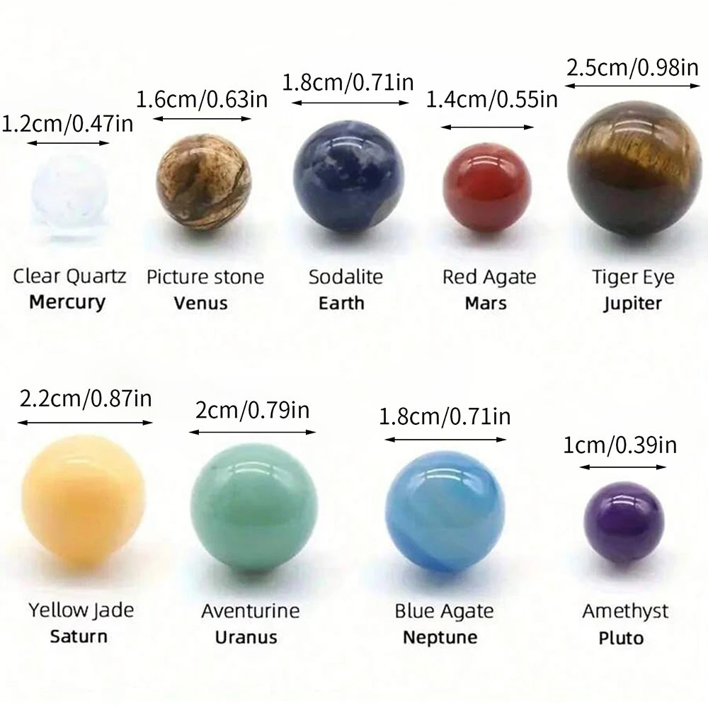 Juego de piedras preciosas de cristal natural del Sistema Solar. 9 Planetas