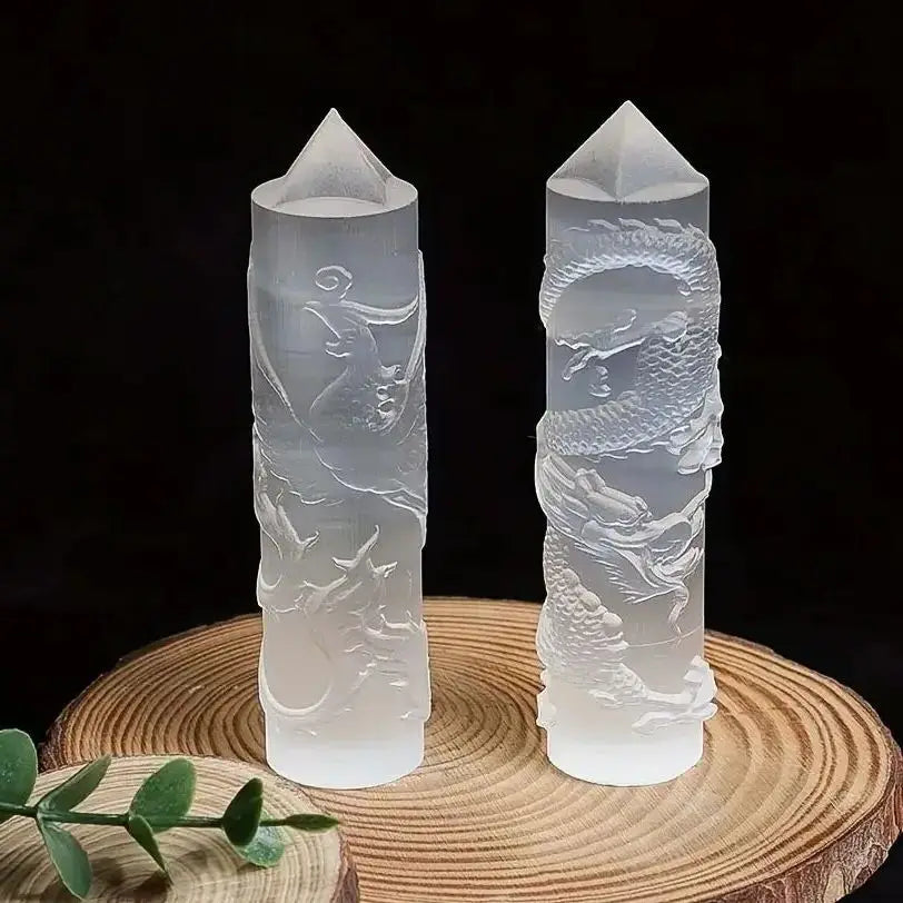 Columna de Selenita natural Fénix y Dragón
